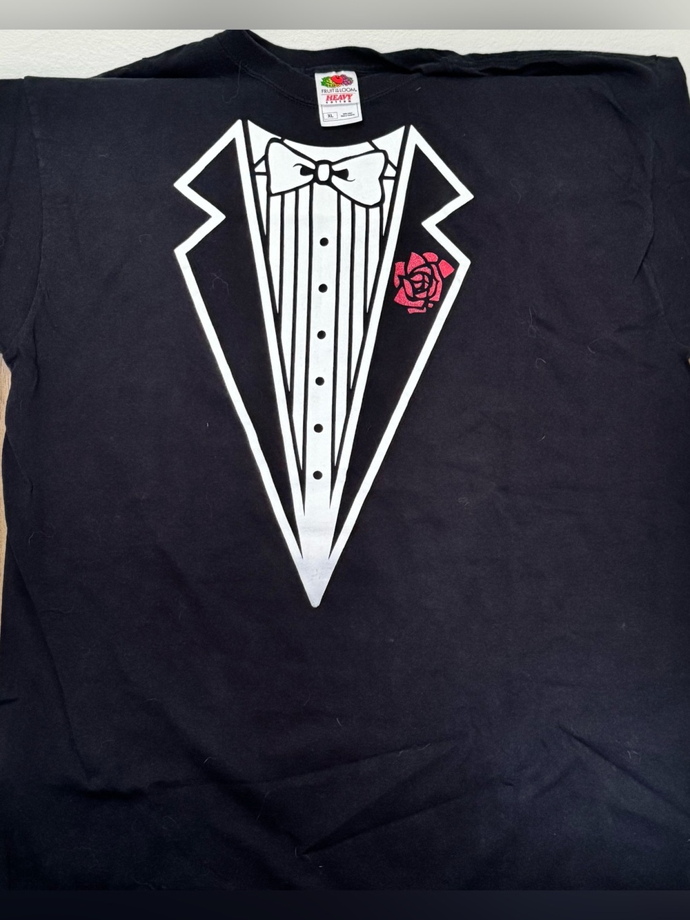Fruit of the Loom Black Graphic Tuxedo Tee with Red Rose